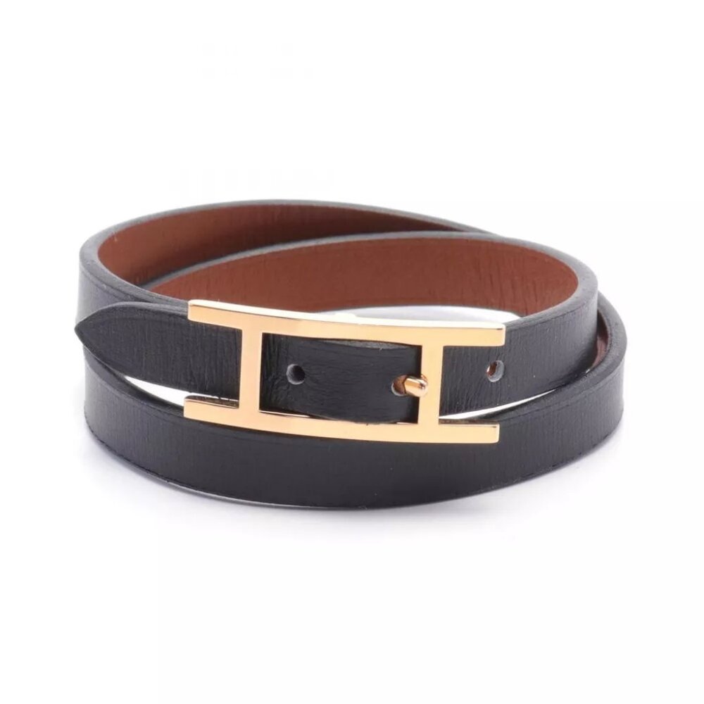 Auth HERMES Hapi 3 Bracelet Swift leather Gold Plated Black Gold Used Women GHW